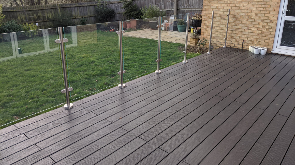 Composite decking with steel and glass balustrade